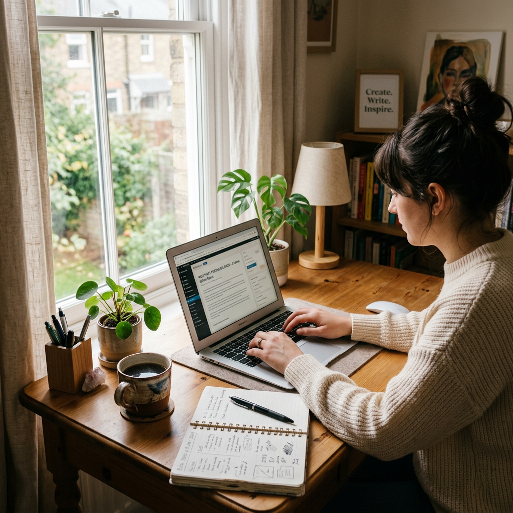 Woman typing on laptop at wooden desk near window with notebook and coffee